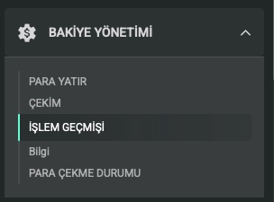 Bakiye Yönetimi altında İşlem Geçmişi menüsü