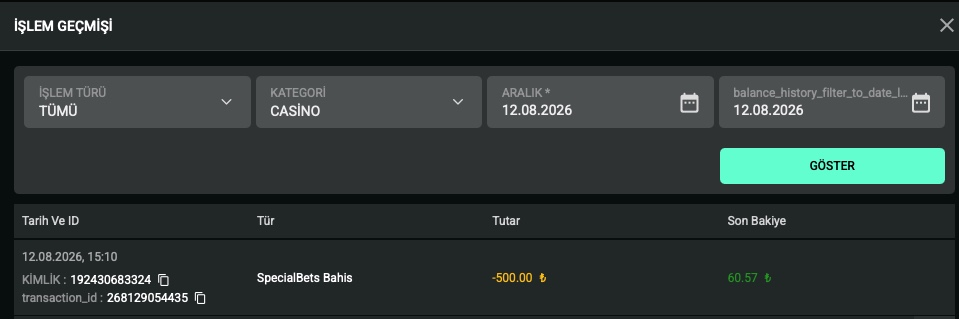 İşlem Geçmişinde SpecialBets Bahis kimliği